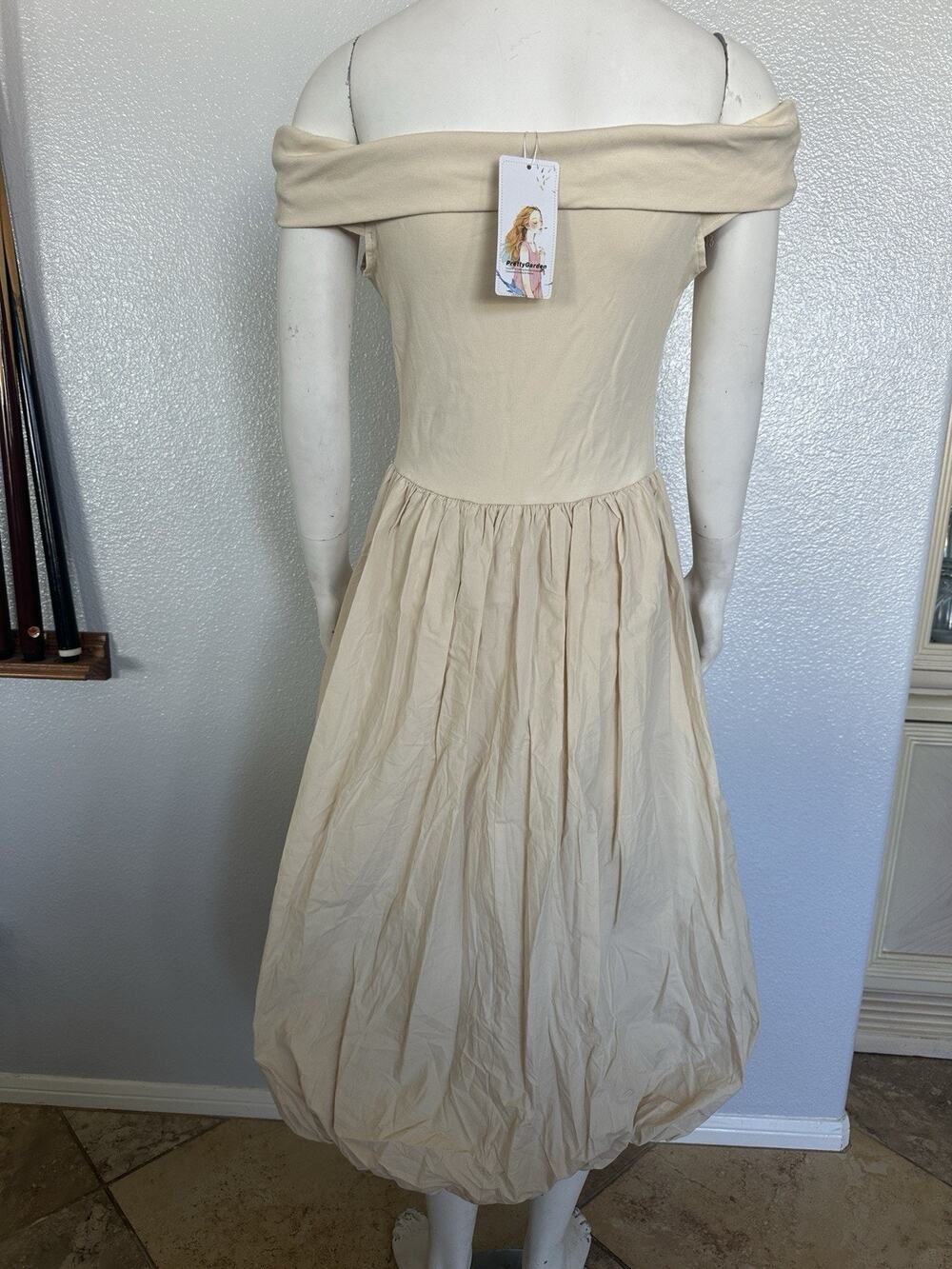 prettygarden Cream Off Shoulder bubble dress